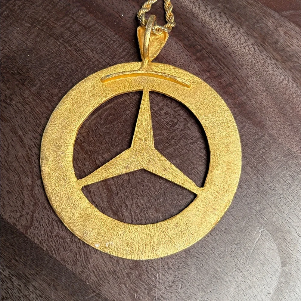 Gold Metal Mercedes Benz Logo Pendant Medallion and Chain Necklace